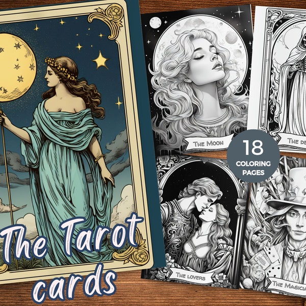 Printable Coloring Book Tarot Cards, Coloring Tarot Cards, Tarot Card Coloring Book, Tarot Card Coloring Pages, Mystical Tarot Odyssey