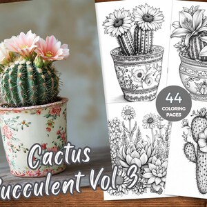 Cactus Succulent Floral Coloring Book for Adults Printable PDF Botanical Coloring Pages Fantasy Grayscale Coloring  Sheet Flower Coloring