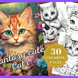 Fantasy Cute Cat Coloring Pages, Cats Coloring Pages for Kids, Coloring of Cute Cats, Digital Download, Printable PDF, Instant Download