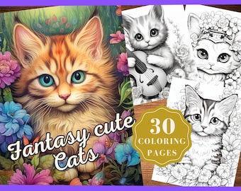 Fantasy Cute Cat Coloring Pages, Cats Coloring Pages for Kids, Coloring of Cute Cats, Digital Download, Printable PDF, Instant Download
