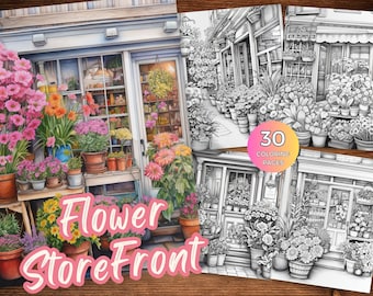 Flower Storefront Coloring Pages for Adults Storefront Coloring Page Instant Download Grayscale Coloring Book Printable PDF Flowers Coloring