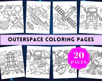 Disegni da colorare sullo spazio esterno. Pagina da colorare sull'astronave della galassia. Attività stampabili per bambini sullo spazio esterno, download istantaneo dell'astronauta da colorare con razzi