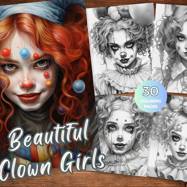 Beautiful Clown Girls coloring pages for adults instant download cute clown grayscale coloring book creepy clowns coloring sheets printable