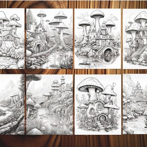 May include: Eight black and white fantasy art prints featuring mushroom houses and landscapes. The illustrations depict whimsical scenes with bridges, rivers, and detailed mushroom structures, perfect for coloring or wall art.