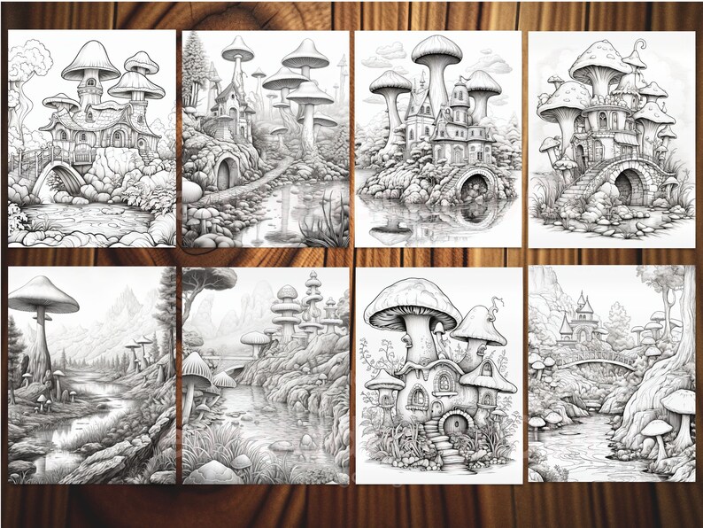 May include: Eight black and white fantasy art prints featuring mushroom houses and landscapes. The illustrations depict whimsical scenes with bridges, rivers, and detailed mushroom structures, perfect for coloring or wall art.