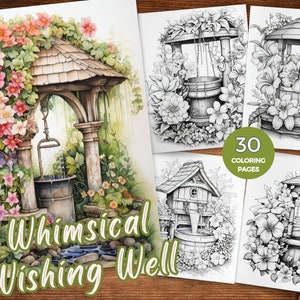 Whimsical Wishing Wells Coloring Pages Printable enchanted wellspring Coloring Sheets of magical wishing well Grayscale Coloring Book