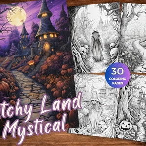 Witchy Land Mystical Coloring pages of Witchy Wonderland livre de coloriage Téléchargement instantané effrayant paysage d’Halloween feuilles de coloriage en niveaux de gris