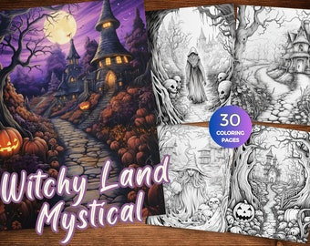 May include: A coloring book cover with a spooky, mystical theme. The cover features a witchy land with a winding path leading to a tower. The text "Witchy Land Mystical" is displayed on the cover. The book contains 30 coloring pages.