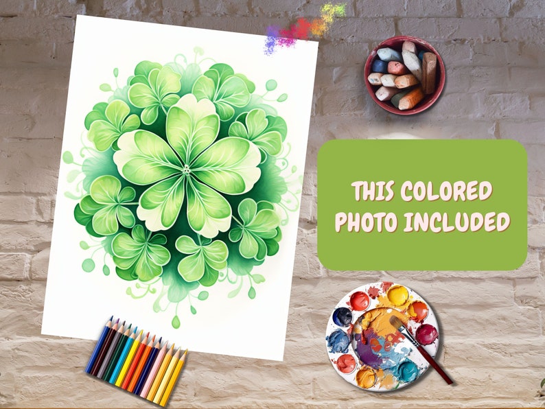 May include: A watercolor painting of a green floral design with a central flower and surrounding leaves. The artwork is on white paper, with the text "THIS COLORED PHOTO INCLUDED" on a green background. Colored pencils and a paint palette are also visible.