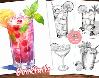 May include: A set of 44 colouring pages featuring different cocktails. The images are black and white line drawings of cocktails with various fruits and garnishes. The title "Cocktails" is written in pink at the bottom of the image.