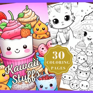 Adorable Kawaii Coloring Pages, Kawaii Cute Food Coloring Pages, INSTANT DOWNLOAD, Kawaii Animal Coloring Page, Kids and Adults, Grayscale