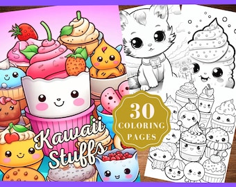Adorables pages à colorier kawaii, coloriages de nourriture mignon kawaii, téléchargement immédiat, coloriage d'animaux kawaii, enfants et adultes, niveaux de gris