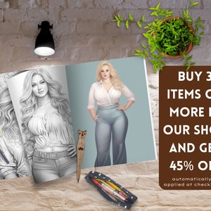 May include: An open book with two illustrations of women. The left page is a black and white drawing of a woman with long hair wearing a white top and jeans. The right page is a color illustration of a woman with long blonde hair wearing a white top and blue jeans. The text on the right page says "BUY 3 ITEMS OR MORE IN OUR SHOP AND GET 45% OFF automatically applied at checkout."