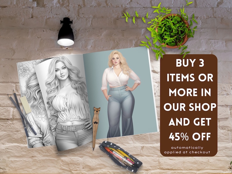 May include: An open book with two illustrations of women. The left page is a black and white drawing of a woman with long hair wearing a white top and jeans. The right page is a color illustration of a woman with long blonde hair wearing a white top and blue jeans. The text on the right page says "BUY 3 ITEMS OR MORE IN OUR SHOP AND GET 45% OFF automatically applied at checkout."