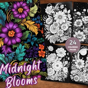 Puede incluir: Un conjunto de 24 páginas para colorear con ilustraciones en blanco y negro de flores y patrones florales. El título "Midnight Blooms" se muestra en la portada.