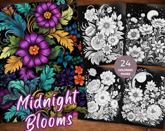 Bloemen zwarte achtergrond kleurboek Instant Download Midnight Blooms kleurplaten Afdrukbare bloemen grijstinten kleurplaat Pdf