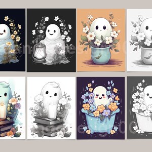K&ouml;nnte beinhalten: Ein Set aus acht digitalen Illustrationen mit einem niedlichen Geistercharakter in verschiedenen Umgebungen. Der Geist ist in verschiedenen Farben und Posen dargestellt, umgeben von Blumen, einer Laterne, B&uuml;chern und einer Badewanne. Die Illustrationen eignen sich perfekt zum Erstellen von Gru&szlig;karten, Aufklebern oder anderen digitalen Produkten.