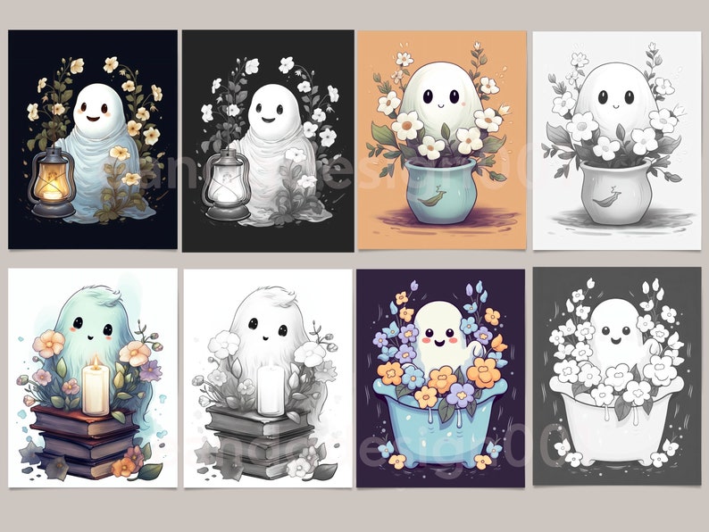 K&ouml;nnte beinhalten: Ein Set aus acht digitalen Illustrationen mit einem niedlichen Geistercharakter in verschiedenen Umgebungen. Der Geist ist in verschiedenen Farben und Posen dargestellt, umgeben von Blumen, einer Laterne, B&uuml;chern und einer Badewanne. Die Illustrationen eignen sich perfekt zum Erstellen von Gru&szlig;karten, Aufklebern oder anderen digitalen Produkten.