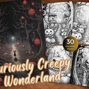 Curiously Creepy Wonderland Coloring Pages for Adults Creepy landscape Coloring Book Creepy House Colouring Printable PDF Grayscale Color