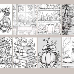 May include: A set of eight black and white coloring pages featuring fall-themed illustrations. The illustrations include pumpkins, leaves, a bicycle, a sweater, books, a window, a forest path, and a vase of flowers.