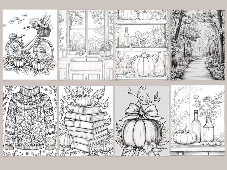 May include: A set of eight black and white coloring pages featuring fall-themed illustrations. The illustrations include pumpkins, leaves, a bicycle, a sweater, books, a window, a forest path, and a vase of flowers.