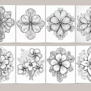 May include: Eight black and white floral art prints. Each print features a unique, detailed flower design. The flowers are rendered with intricate lines and shading, creating a delicate and elegant aesthetic. The prints are displayed on a white background.