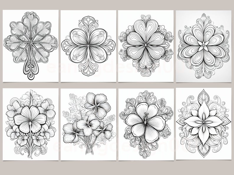 May include: Eight black and white floral art prints. Each print features a unique, detailed flower design. The flowers are rendered with intricate lines and shading, creating a delicate and elegant aesthetic. The prints are displayed on a white background.