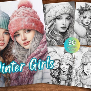 Winter Girls Grayscale Coloring Pages for Adults and kids Instant Download Winter Darlings Grayscale Coloring Page Printable Winter Coloring