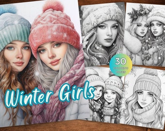 Winter Girls Grayscale Coloring Pages for Adults and kids Instant Download Winter Darlings Grayscale Coloring Page Printable Winter Coloring