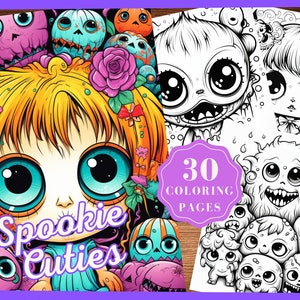 Spooky Cutie Coloring Pages, Kawaii Creepy Coloring Book, Horror Grayscale Coloring Pages Instant Download Fantasy Kawaii girls for adults