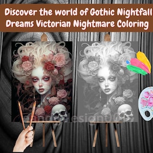 May include: A black and white paint by numbers kit featuring a gothic Victorian woman with roses in her hair and a skull. The kit includes a paint palette, brushes, and a canvas.