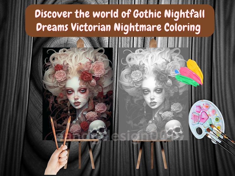 May include: A black and white paint by numbers kit featuring a gothic Victorian woman with roses in her hair and a skull. The kit includes a paint palette, brushes, and a canvas.