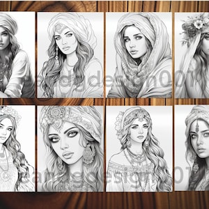 May include: A set of eight black and white line drawings of women with various head coverings and hairstyles. The women are drawn in a realistic style with intricate details in their clothing and jewelry.