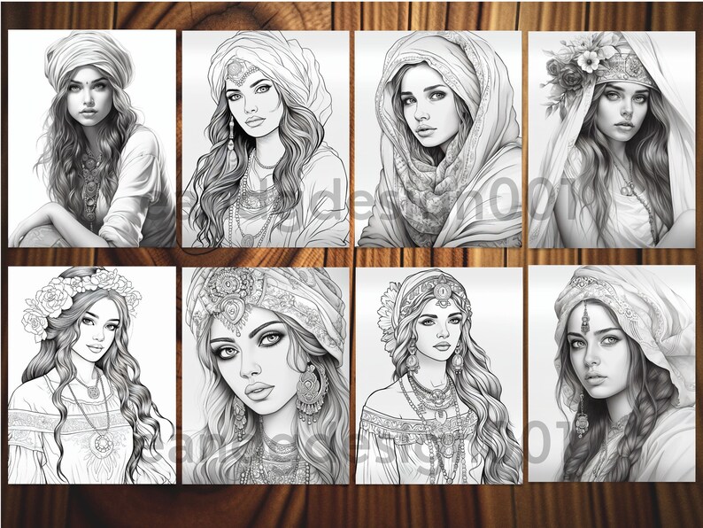 May include: A set of eight black and white line drawings of women with various head coverings and hairstyles. The women are drawn in a realistic style with intricate details in their clothing and jewelry.