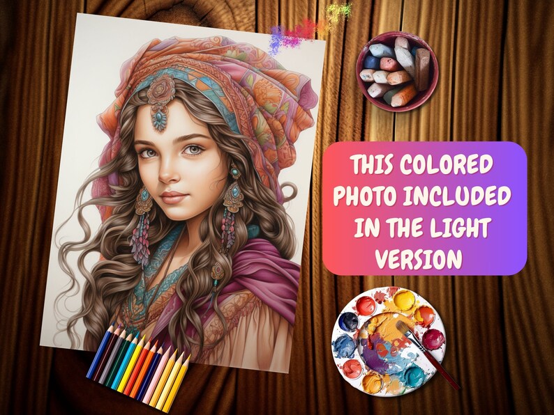 May include: A detailed pencil drawing of a woman with long brown hair wearing a colorful headscarf and ornate jewelry. The drawing is on white paper and has a light background.
