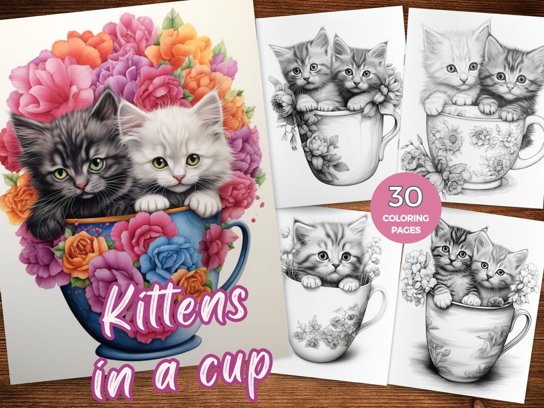 Kitten in a Cup Coloring Page Cute Kitten Coloring Pages for Adults ...