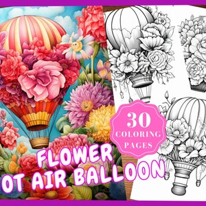 Flower Hot air Balloon Coloring Pages for Adult Grayscale Coloring Book Instant Download Flower Balloon Printable PDF Fantasy Coloring Sheet