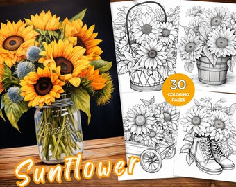 Sonnenblumen Malseiten Sommerblumen für Erwachsene Sofort Download Sonnenblume Florale Färbung druckbare Graustufen therapeutisches Malbuch