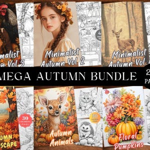 May include: A collection of 8 coloring books featuring autumn themes. The books include images of animals, landscapes, pumpkins, and floral designs. The title of the collection is "Mega Autumn Bundle" and the total number of pages is 210.