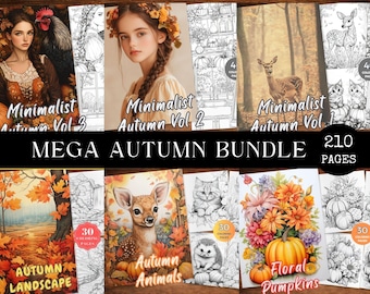 May include: A collection of 8 coloring books featuring autumn themes. The books include images of animals, landscapes, pumpkins, and floral designs. The title of the collection is "Mega Autumn Bundle" and the total number of pages is 210.