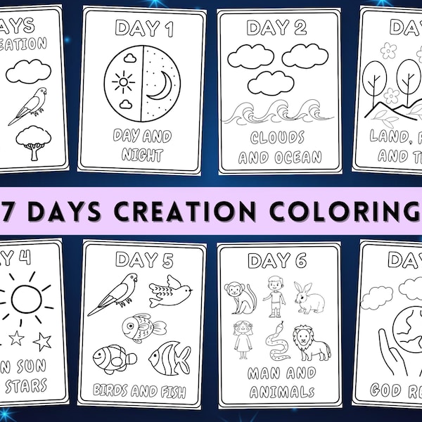 Creation Days Coloring, 7 Days of Creation Coloring Pages, Days of Creation Coloring Sheets, Printable Kids Bible Activities, Sunday School