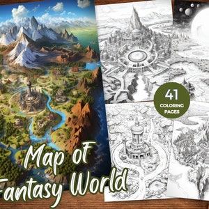 Coloriages de carte fantastique pour adultes Livre de coloriage de carte du monde fantastique, royaumes enchantés, paysages magiques, mondes fantastiques