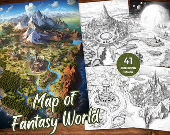 Fantasy Map Coloring Pages for Adults Map of Fantasy World coloring Enchanted Realms coloring book Magical Landscapes Fantasy Worlds