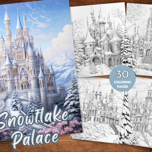 Palacio de los copos de nieve para colorear Paginas para colorear del palacio de invierno Paginas para colorear imprimibles de Navidad Pdf Castillo de los copos de nieve para colorear en escala de grises