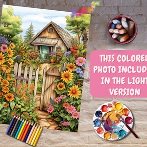 May include: A colorful illustration of a cottage with a garden path leading to the front door. The garden is filled with sunflowers, other flowers, and green foliage. The cottage has a wooden door and windows, and a brown roof. The image is surrounded by a white picket fence.