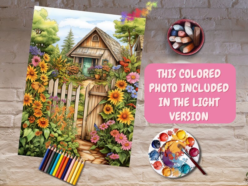 May include: A colorful illustration of a cottage with a garden path leading to the front door. The garden is filled with sunflowers, other flowers, and green foliage. The cottage has a wooden door and windows, and a brown roof. The image is surrounded by a white picket fence.