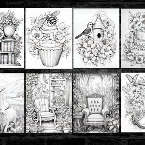 May include: A set of eight black and white coloring pages featuring various nature-inspired scenes. The scenes include a cupcake with flowers, a birdhouse with flowers, a bookshelf with flowers, a pair of boots with flowers, a chair in a garden, a sheep in a field, and a chair in a room with a window.