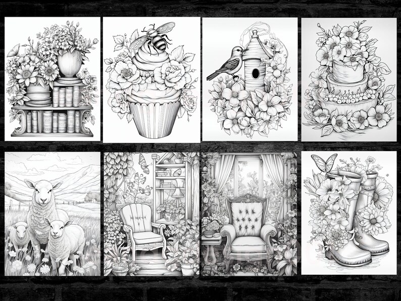 May include: A set of eight black and white coloring pages featuring various nature-inspired scenes. The scenes include a cupcake with flowers, a birdhouse with flowers, a bookshelf with flowers, a pair of boots with flowers, a chair in a garden, a sheep in a field, and a chair in a room with a window.