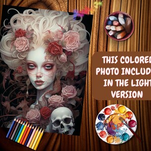 May include: A digital painting of a woman with white hair and a skull in her hand. She is surrounded by roses and vines. The painting is in a dark, gothic style.