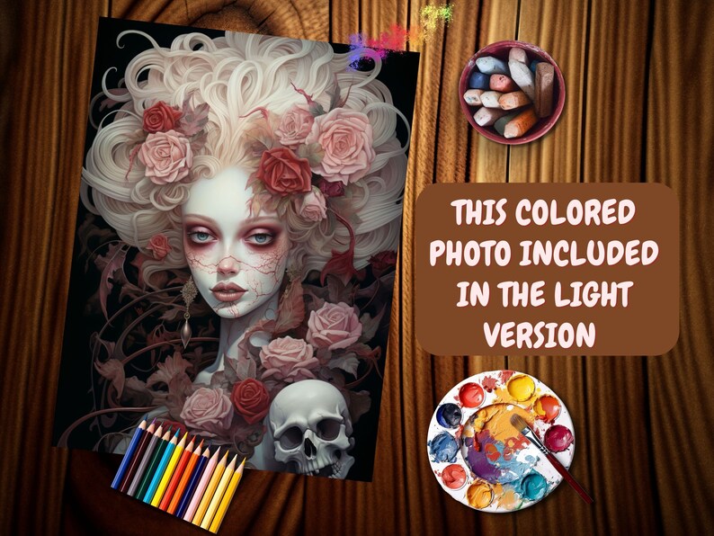 May include: A digital painting of a woman with white hair and a skull in her hand. She is surrounded by roses and vines. The painting is in a dark, gothic style.